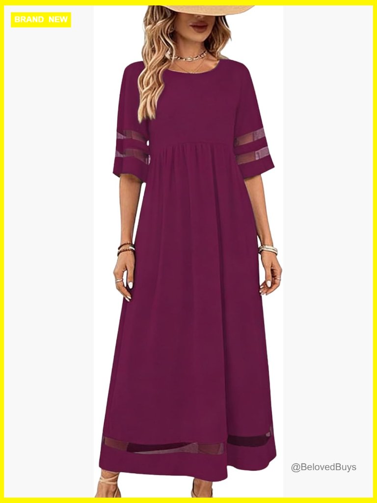 Maxi Dress 3/4 Sleeve Crewneck Elastic Waist Boho Beach Summer Casual
